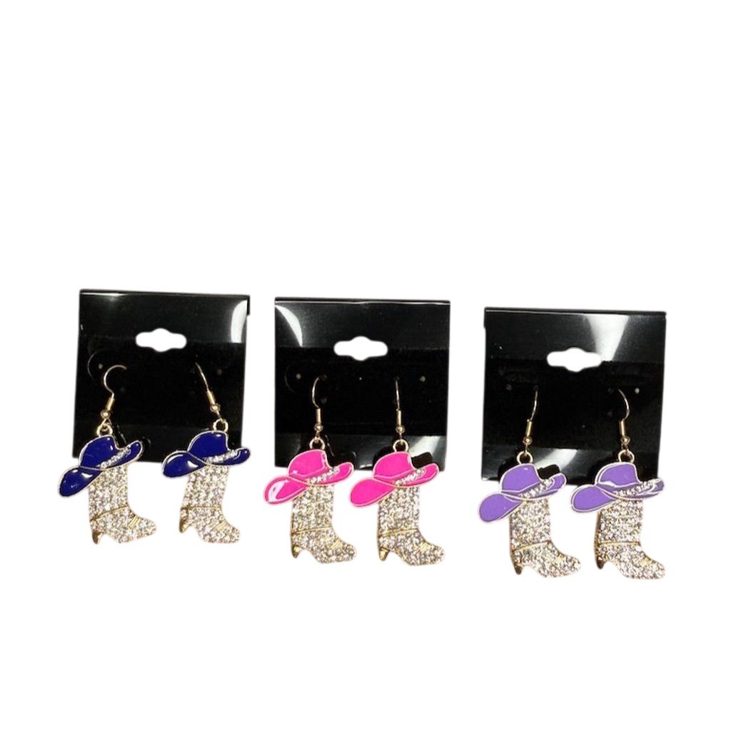 3 Pair Lot Cowgirl Boot Hat Sparkly Dangle Earrings Set Multicolor Bundle Gift